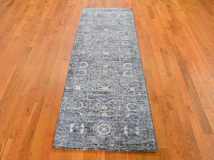 2'7" x 8'1" New Hand Knotted Blue Wool & Silk Runner Oriental Rug - MOA10249456