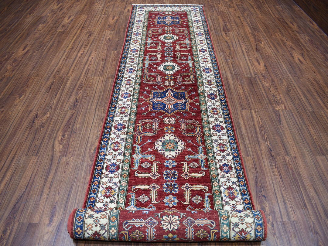 3'5" x 19'3" New Hand Knotted Red Wool Runner Oriental Rug - MOA10250419