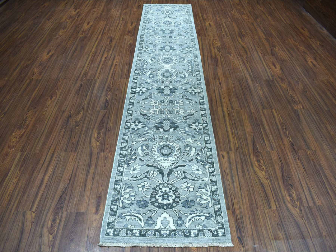 2'5" x 11'7" New Hand Knotted Grey Wool Runner Oriental Rug - MOA10251455