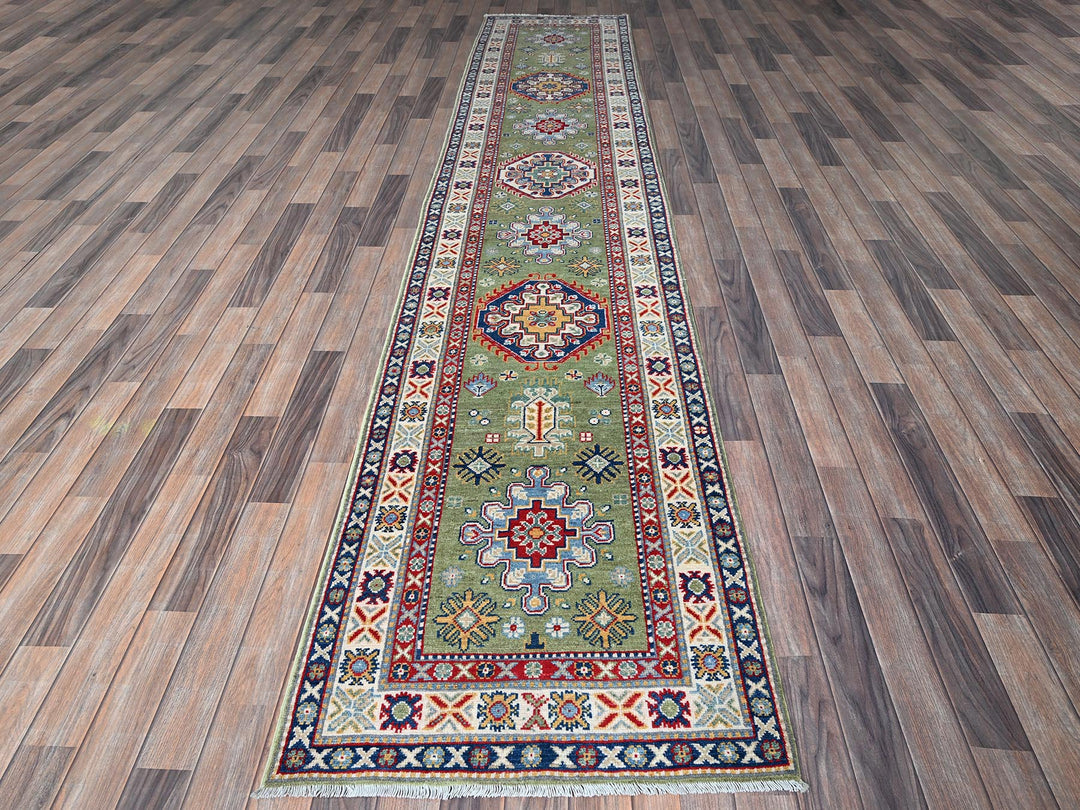 2'9" x 12'9" New Hand Knotted Green Wool Runner Oriental Rug - MOA102541