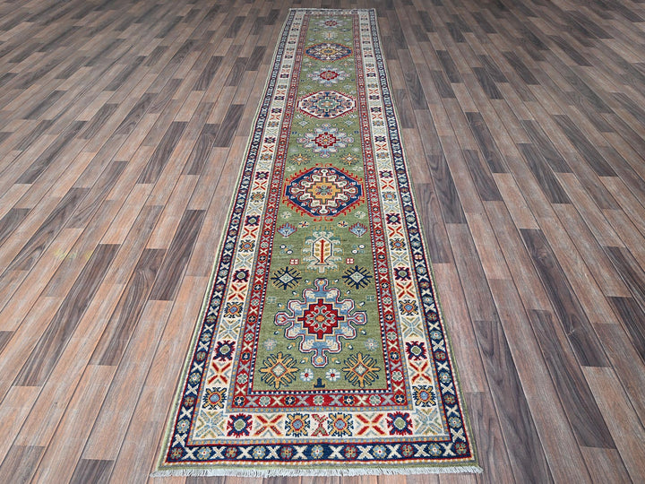2'9" x 12'9" New Hand Knotted Green Wool Runner Oriental Rug - MOA102541