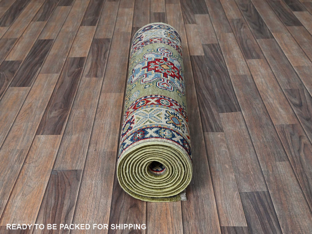 2'9" x 12'9" New Hand Knotted Green Wool Runner Oriental Rug - MOA102541