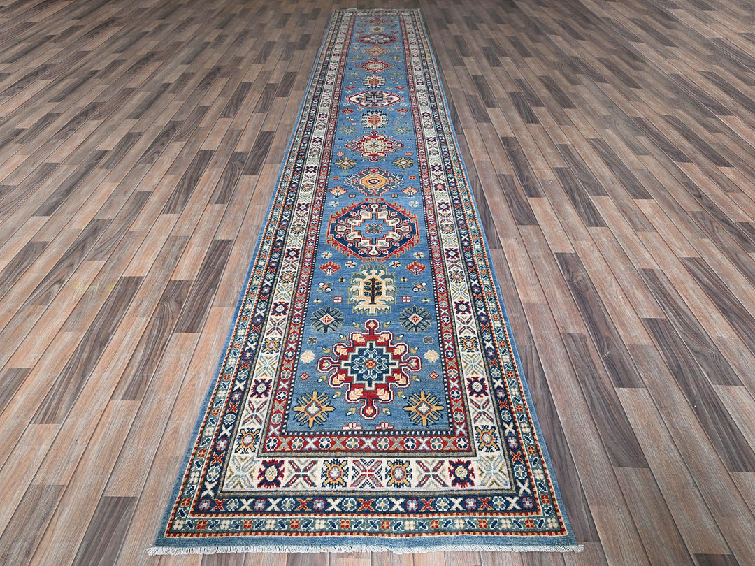 3'2" x 16'1" New Hand Knotted Blue Wool Runner Oriental Rug - MOA102545