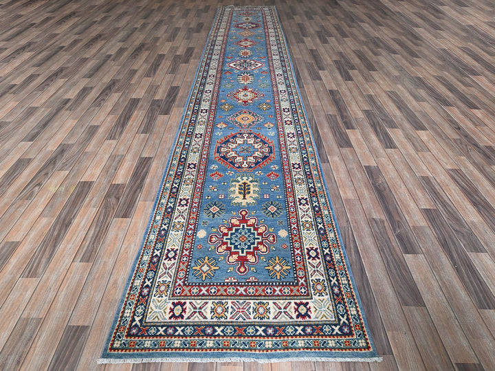 3'2" x 16'1" New Hand Knotted Blue Wool Runner Oriental Rug - MOA102545