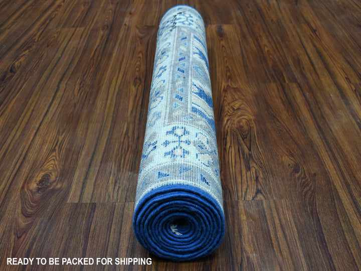 2'8" x 9'5" New Hand Knotted Blue Wool Runner Oriental Rug - MOA10254663