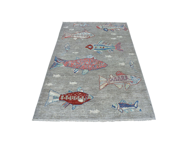 4'0" x 6'0" New Hand Knotted Grey Wool Rectangle Oriental Rug - MOA10254827