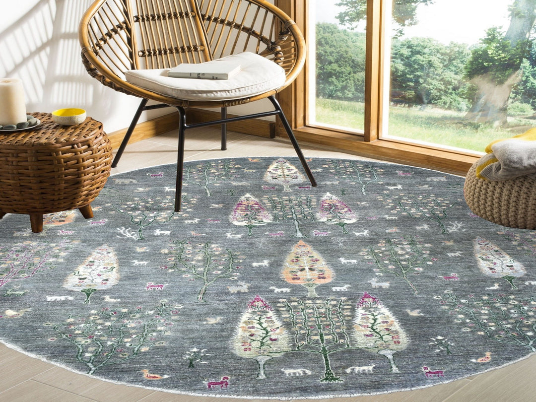 8'2" x 8'2" New Hand Knotted Grey Wool Round Oriental Rug - MOA10255704