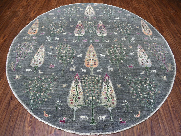 8'2" x 8'2" New Hand Knotted Grey Wool Round Oriental Rug - MOA10255704