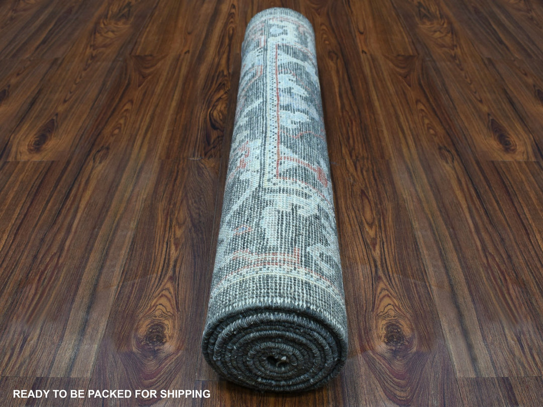 2'9" x 9'8" New Hand Knotted Grey Wool Runner Oriental Rug - MOA10256081