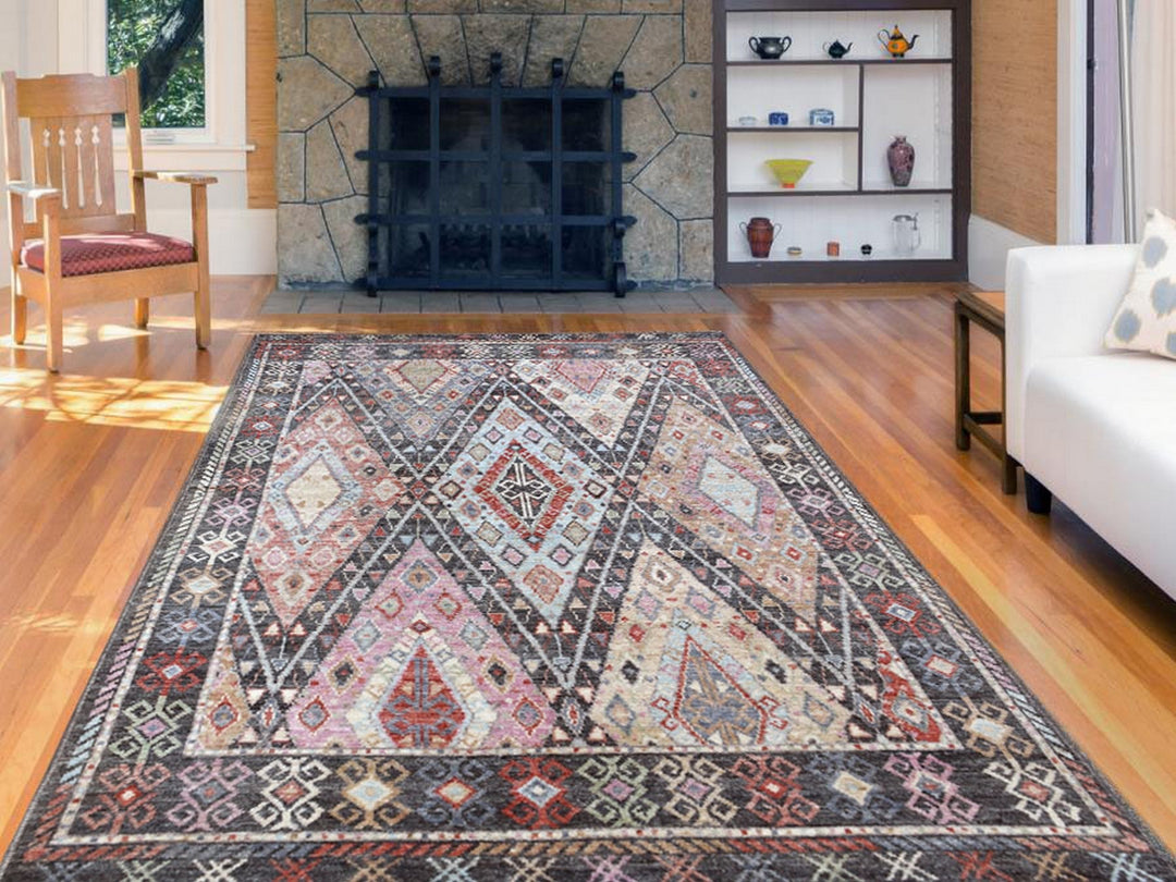 6'1" x 9'2" New Hand Knotted Black Wool Rectangle Oriental Rug - MOA10256200