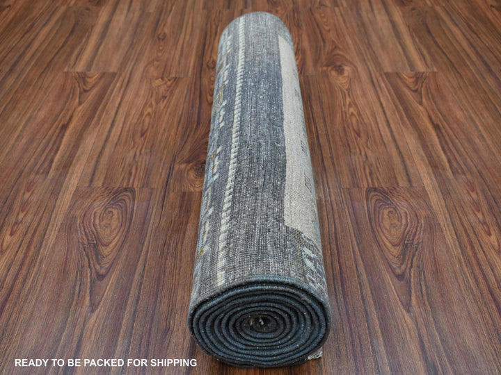 2'7" x 9'6" New Hand Knotted Grey Wool Runner Oriental Rug - MOA10256516