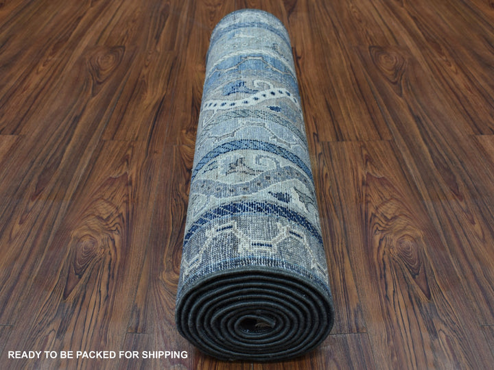 2'6" x 9'7" New Hand Knotted Grey Wool Runner Oriental Rug - MOA10256517