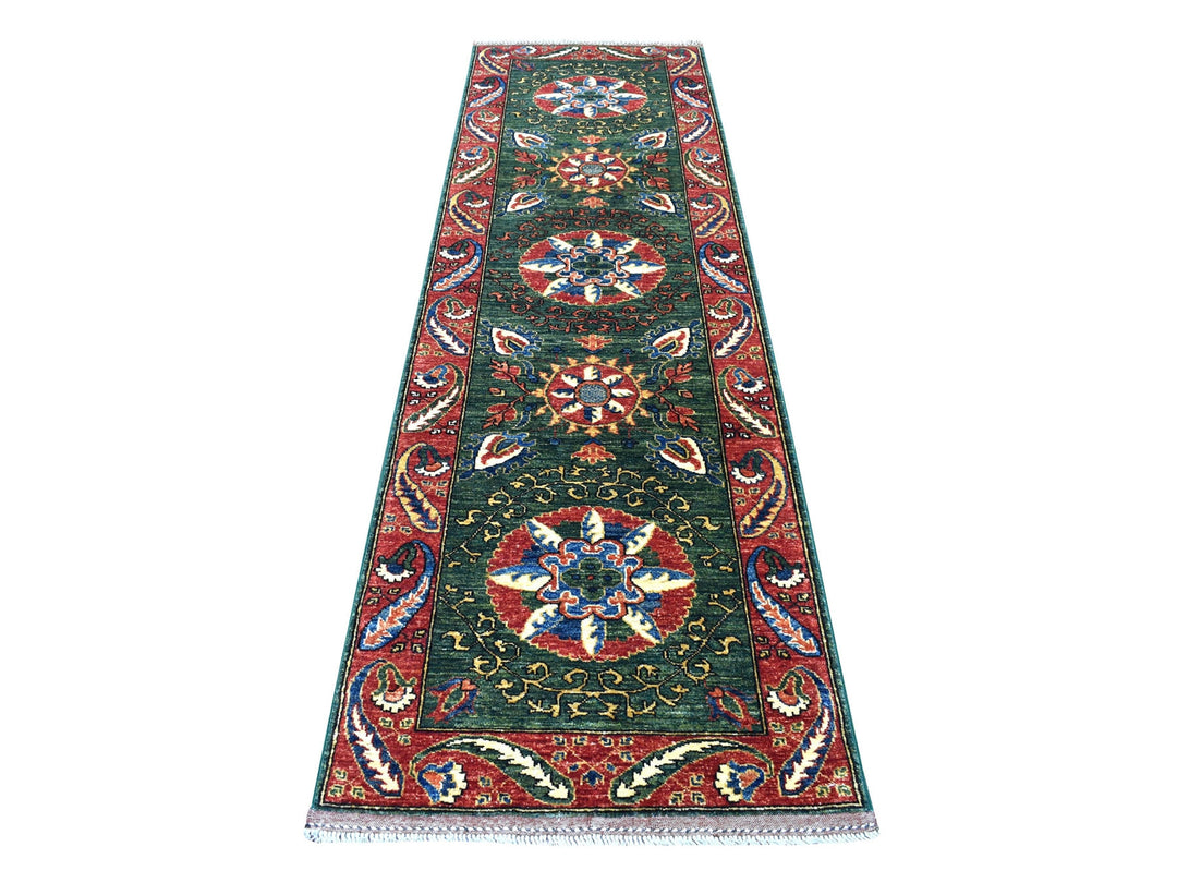 2'9" x 9'7" New Hand Knotted Green Wool Runner Oriental Rug - MOA10256752