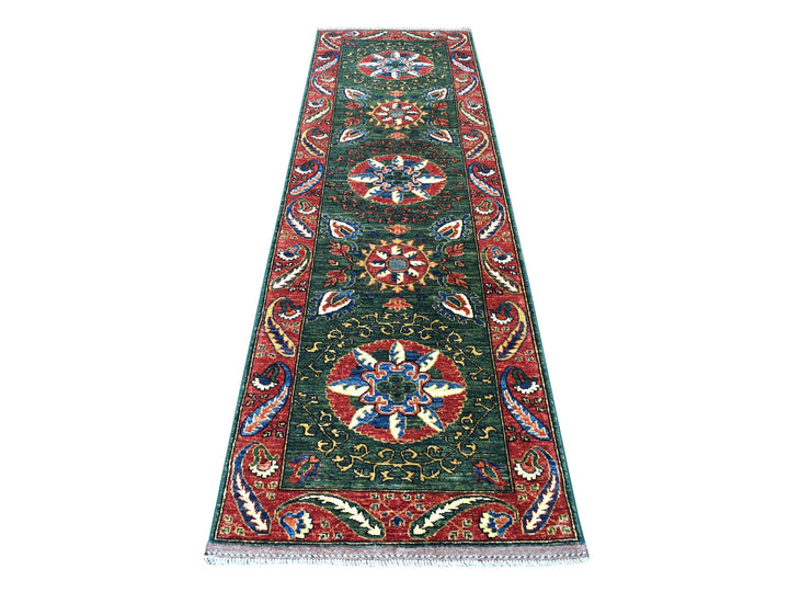 2'9" x 9'7" New Hand Knotted Green Wool Runner Oriental Rug - MOA10256752