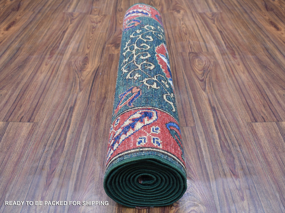 2'9" x 9'7" New Hand Knotted Green Wool Runner Oriental Rug - MOA10256752