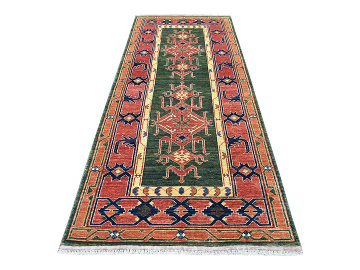 4'0" x 9'8" New Hand Knotted Green Wool Runner Oriental Rug - MOA10256785