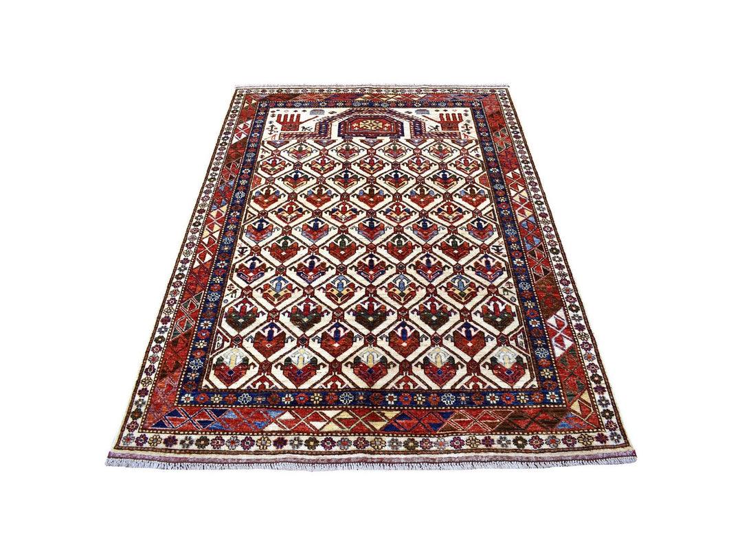 4'10" x 6'5" New Hand Knotted Ivory Wool Rectangle Oriental Rug - MOA10256876