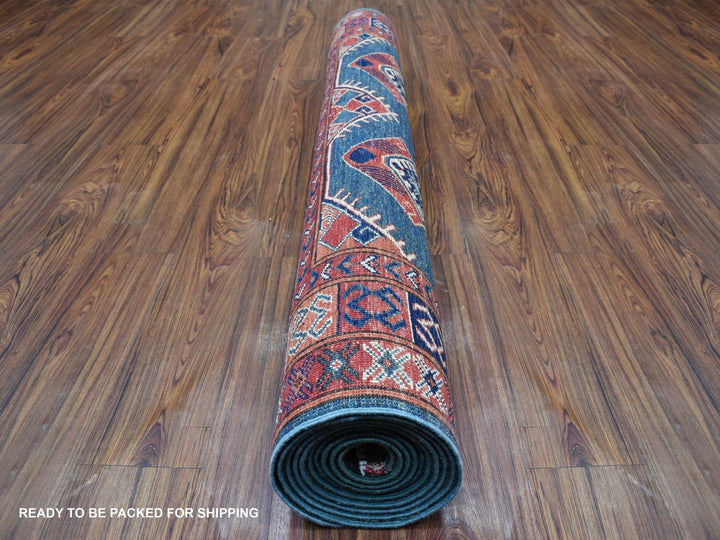 4'10" x 12'9" New Hand Knotted Teal Wool Runner Oriental Rug - MOA10256877