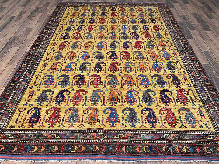 6'1" x 8'10" New Hand Knotted Yellow Wool Rectangle Oriental Rug - MOA102574