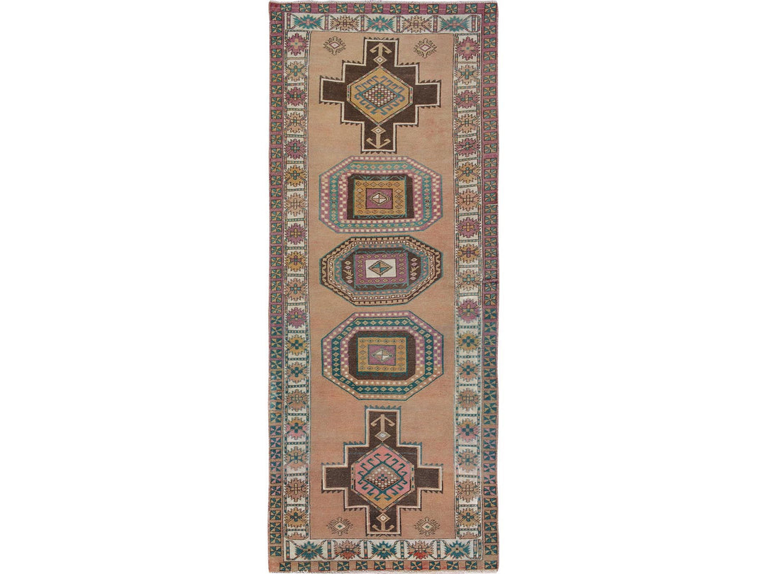 4'1" x 10'7" Vintage Hand Knotted Brown Worn Wool Rectangle Oriental Rug - MOA10257631