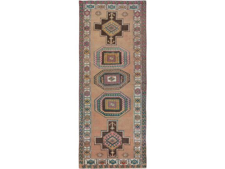 4'1" x 10'7" Vintage Hand Knotted Brown Worn Wool Rectangle Oriental Rug - MOA10257631