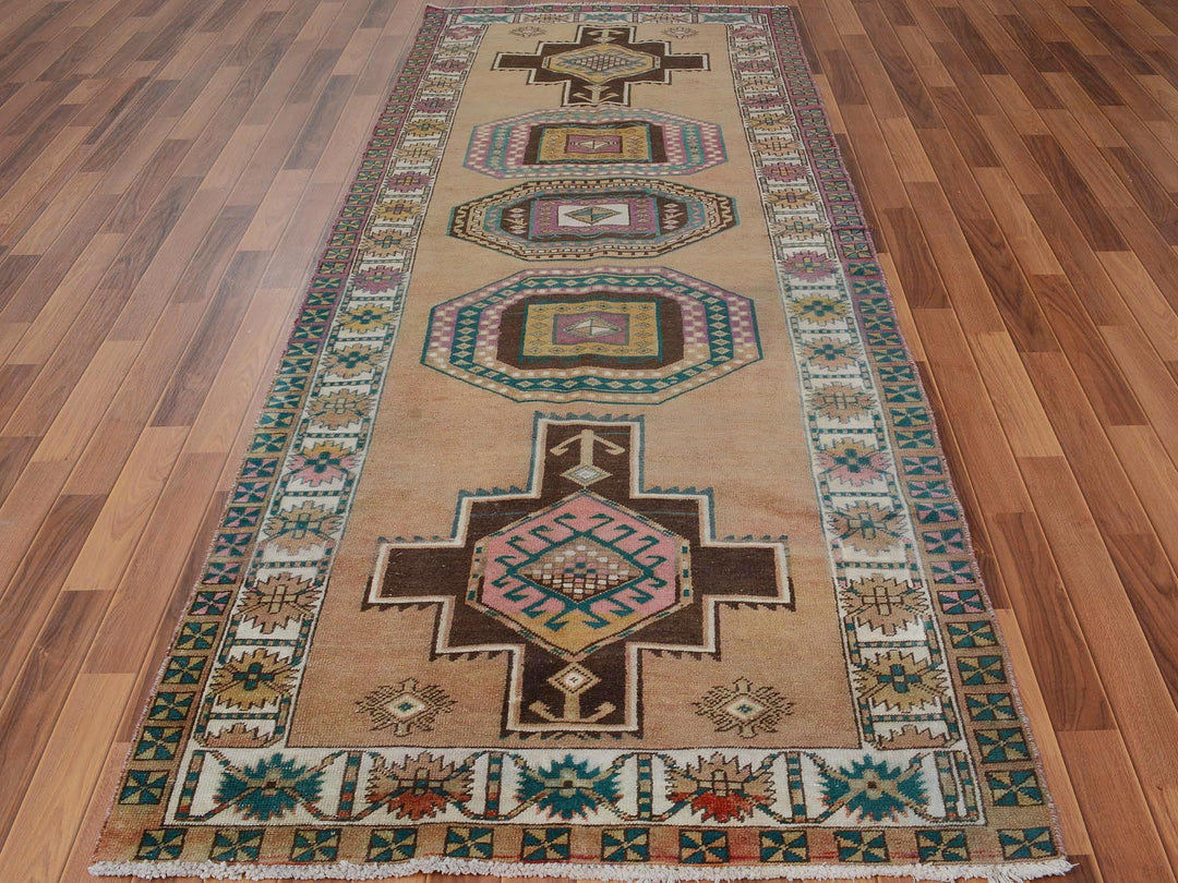4'1" x 10'7" Vintage Hand Knotted Brown Worn Wool Rectangle Oriental Rug - MOA10257631