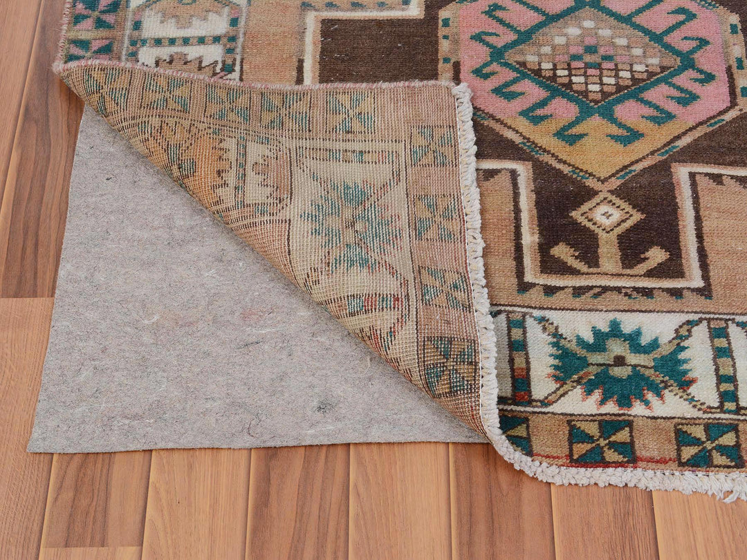 4'1" x 10'7" Vintage Hand Knotted Brown Worn Wool Rectangle Oriental Rug - MOA10257631