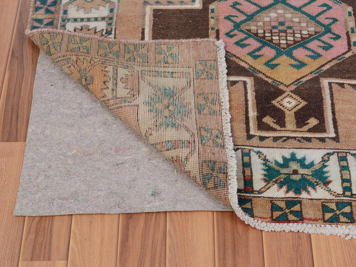 4'1" x 10'7" Vintage Hand Knotted Brown Worn Wool Rectangle Oriental Rug - MOA10257631