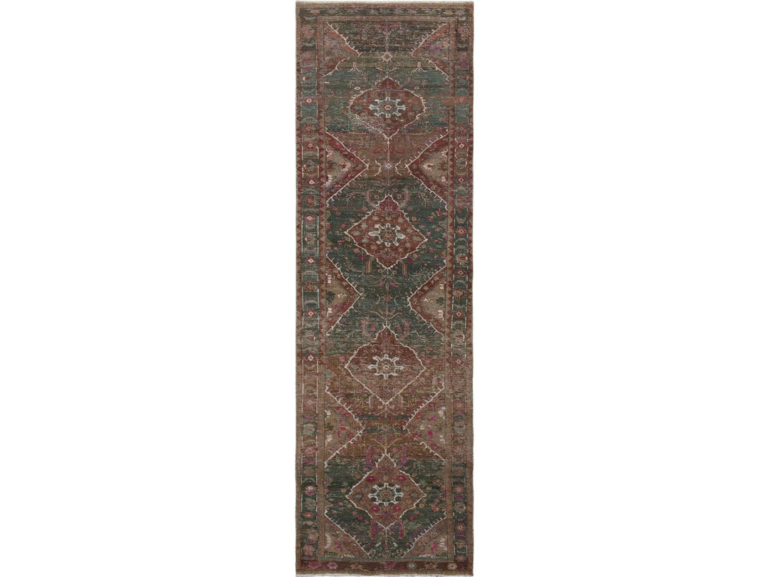 3'7" x 12'3" Vintage Hand Knotted Green Worn Wool Runner Oriental Rug - MOA10257646