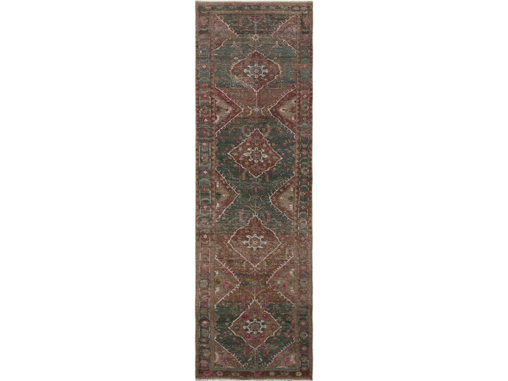 3'7" x 12'3" Vintage Hand Knotted Green Worn Wool Runner Oriental Rug - MOA10257646