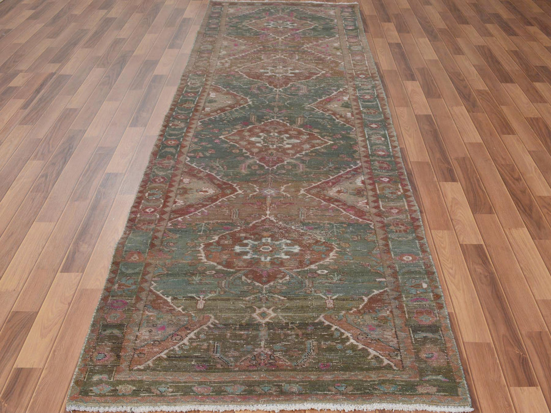 3'7" x 12'3" Vintage Hand Knotted Green Worn Wool Runner Oriental Rug - MOA10257646