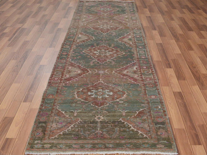 3'7" x 12'3" Vintage Hand Knotted Green Worn Wool Runner Oriental Rug - MOA10257646