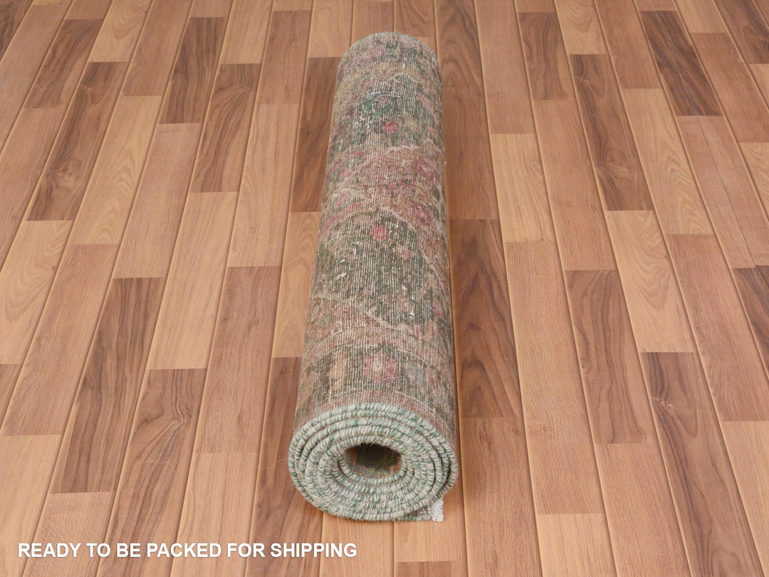 3'7" x 12'3" Vintage Hand Knotted Green Worn Wool Runner Oriental Rug - MOA10257646