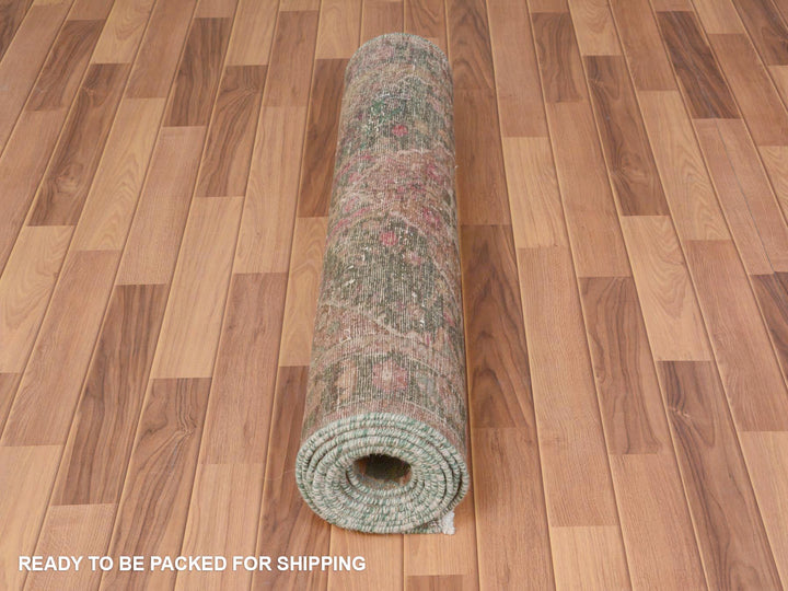 3'7" x 12'3" Vintage Hand Knotted Green Worn Wool Runner Oriental Rug - MOA10257646