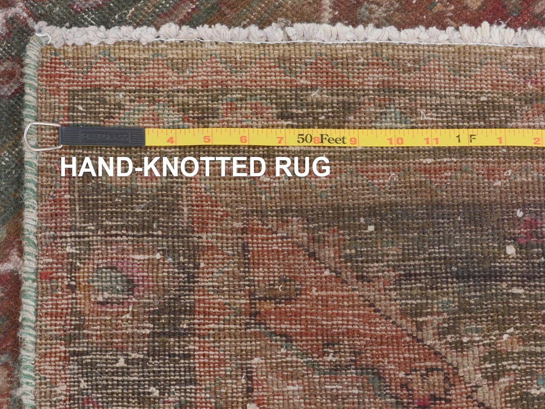 3'7" x 12'3" Vintage Hand Knotted Green Worn Wool Runner Oriental Rug - MOA10257646