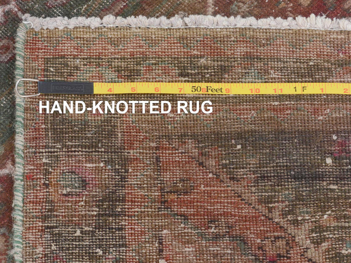 3'7" x 12'3" Vintage Hand Knotted Green Worn Wool Runner Oriental Rug - MOA10257646