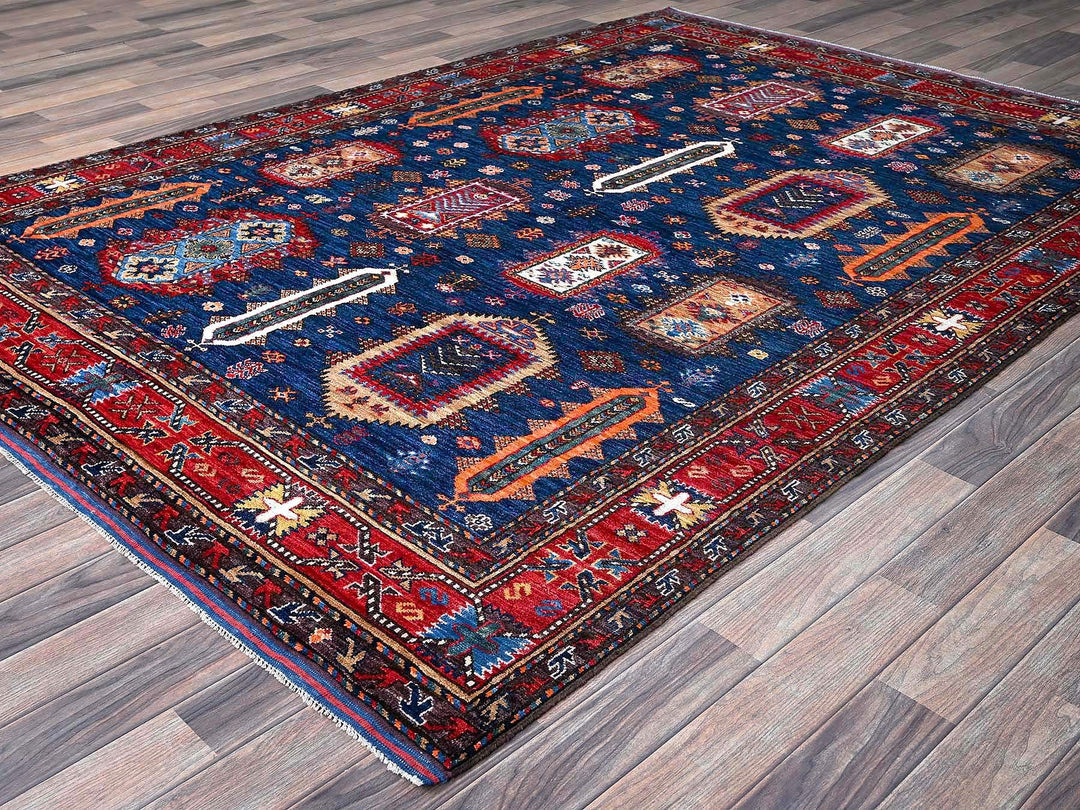 6'1" x 8'5" New Hand Knotted Blue Wool Rectangle Oriental Rug - MOA102576