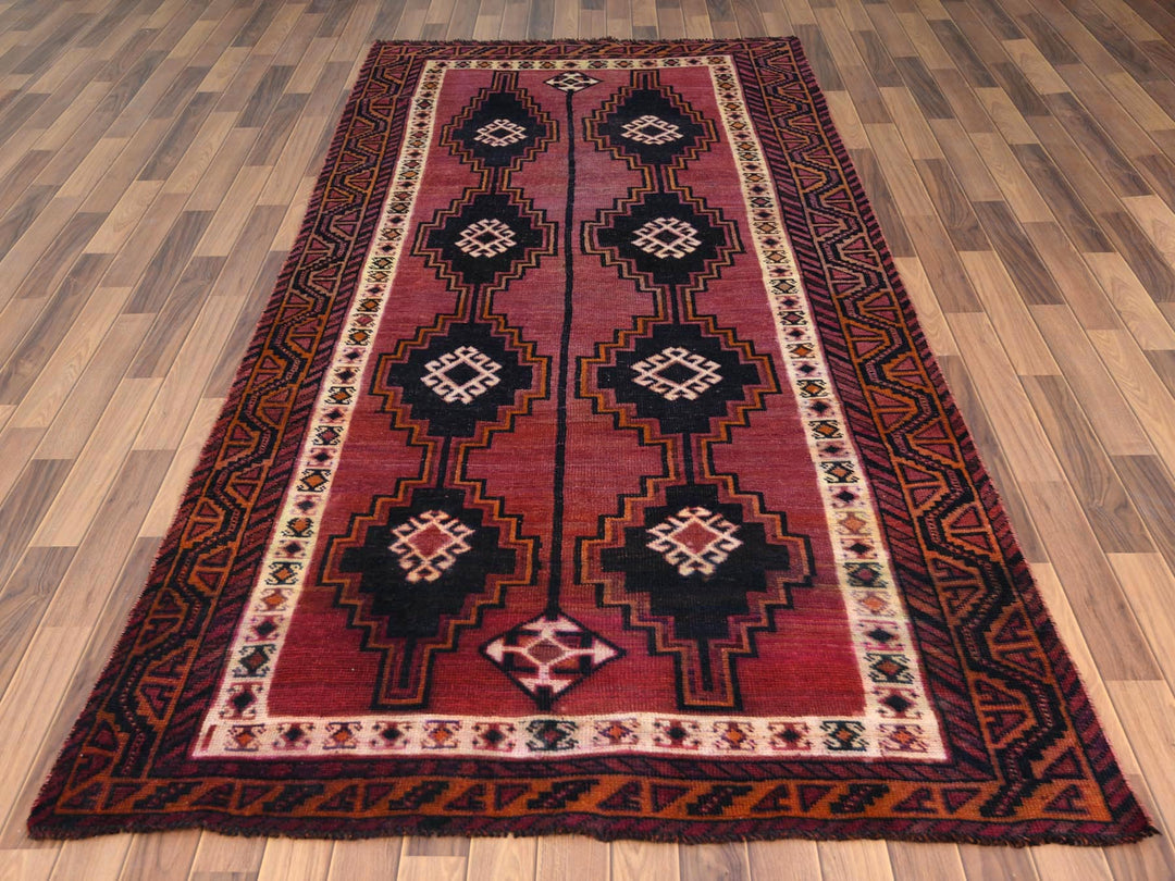 4'9" x 10'5" Vintage Hand Knotted Red Worn Wool Runner Oriental Rug - MOA10257864