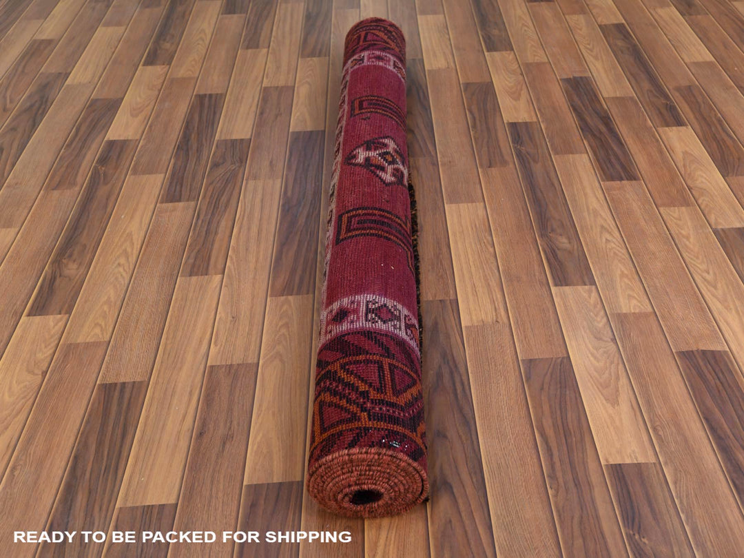 4'9" x 10'5" Vintage Hand Knotted Red Worn Wool Runner Oriental Rug - MOA10257864