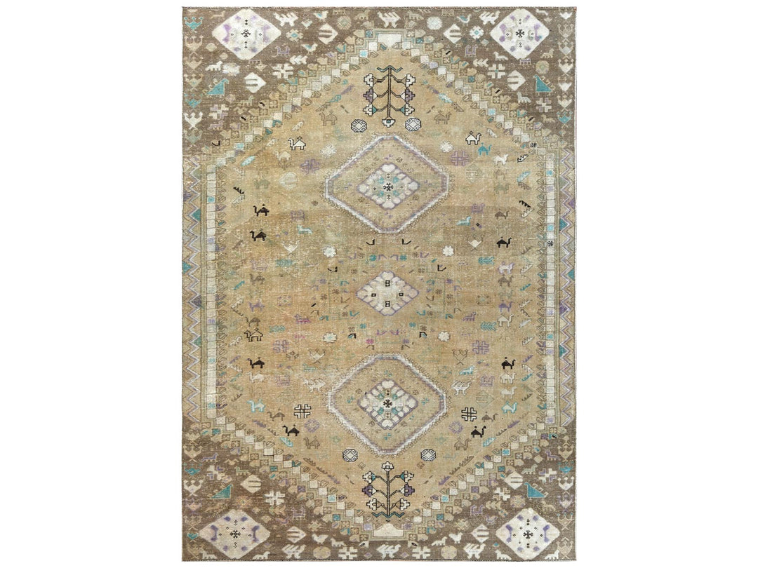 6'1" x 9'0" Vintage Hand Knotted Beige Worn Wool Rectangle Oriental Rug - MOA10257923