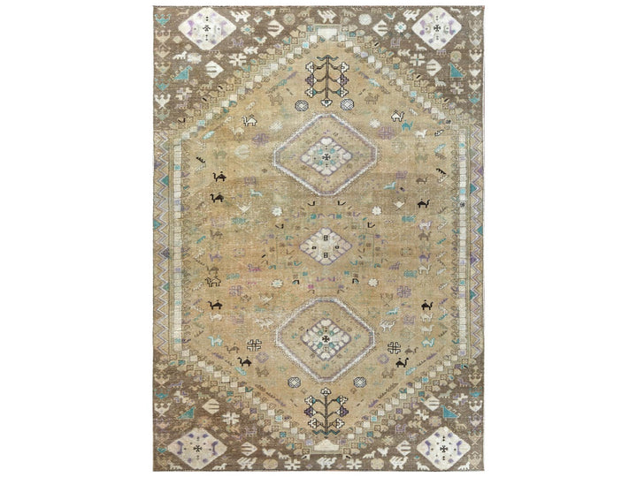 6'1" x 9'0" Vintage Hand Knotted Beige Worn Wool Rectangle Oriental Rug - MOA10257923