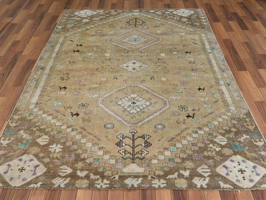 6'1" x 9'0" Vintage Hand Knotted Beige Worn Wool Rectangle Oriental Rug - MOA10257923