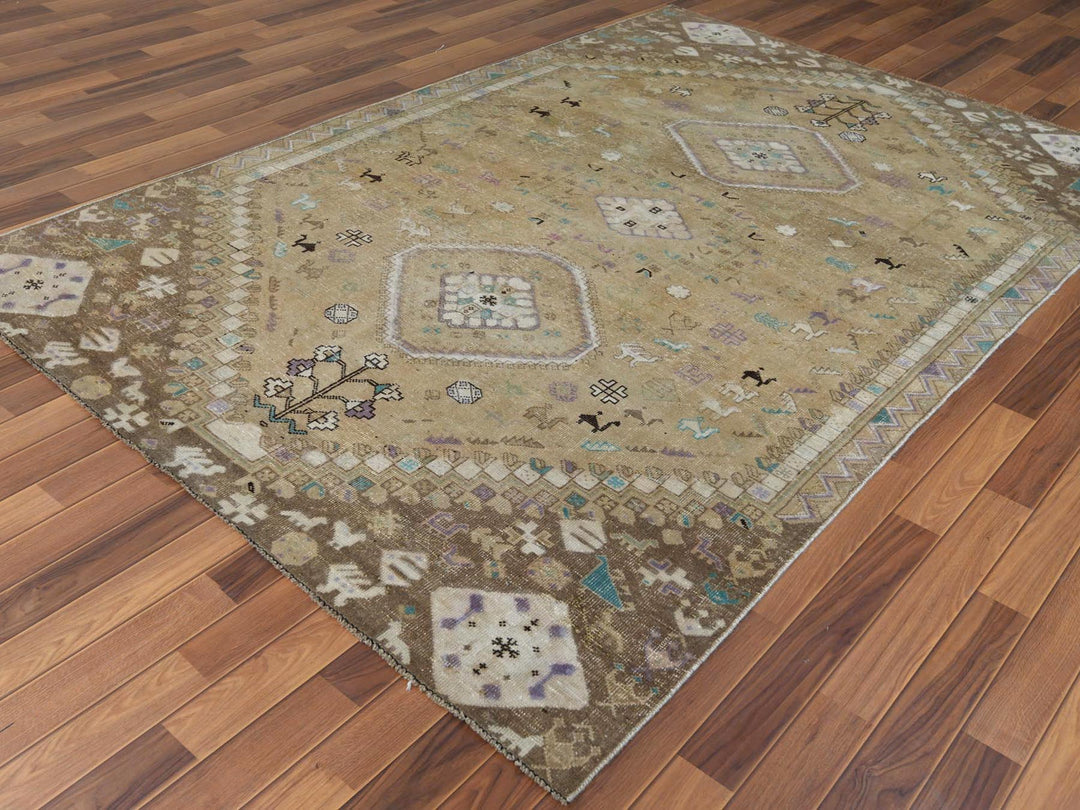 6'1" x 9'0" Vintage Hand Knotted Beige Worn Wool Rectangle Oriental Rug - MOA10257923