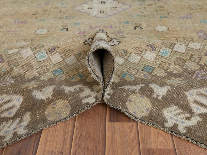 6'1" x 9'0" Vintage Hand Knotted Beige Worn Wool Rectangle Oriental Rug - MOA10257923