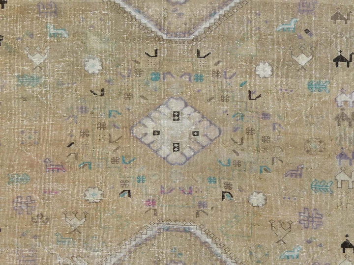 6'1" x 9'0" Vintage Hand Knotted Beige Worn Wool Rectangle Oriental Rug - MOA10257923