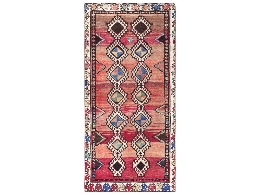 4'0" x 8'3" Vintage Hand Knotted Red Worn Wool Runner Oriental Rug - MOA10257963