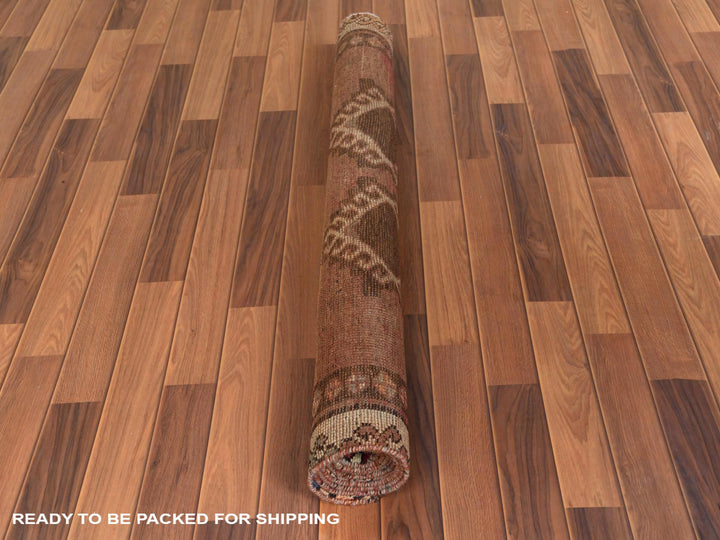 4'0" x 8'3" Vintage Hand Knotted Red Worn Wool Runner Oriental Rug - MOA10257963