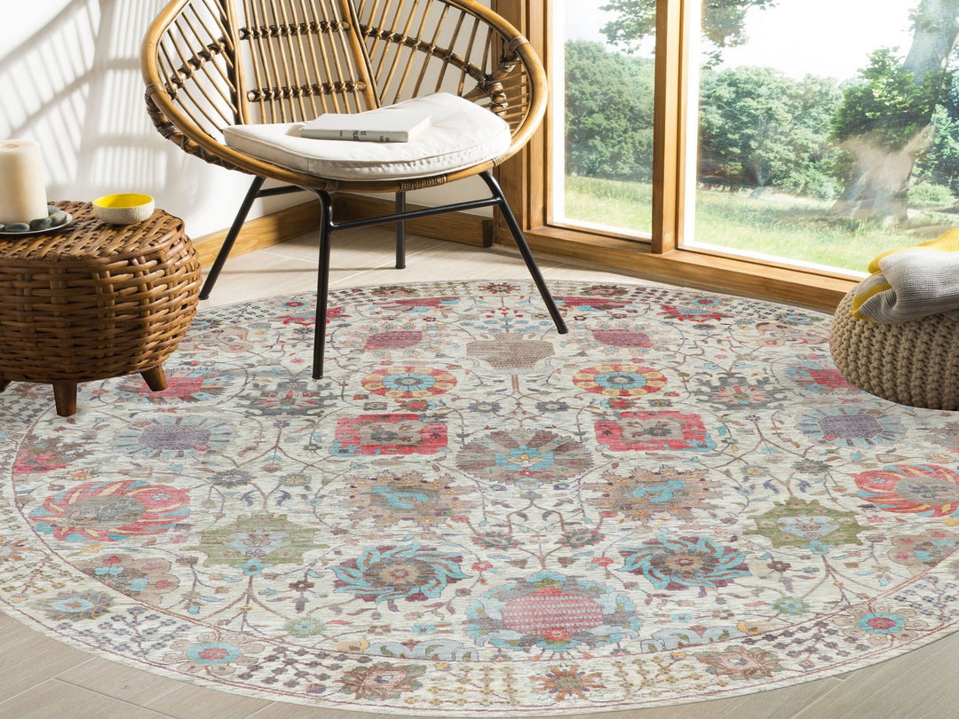 10'0" x 10'0" New Hand Knotted Ivory Wool & Silk Round Oriental Rug - MOA10258174