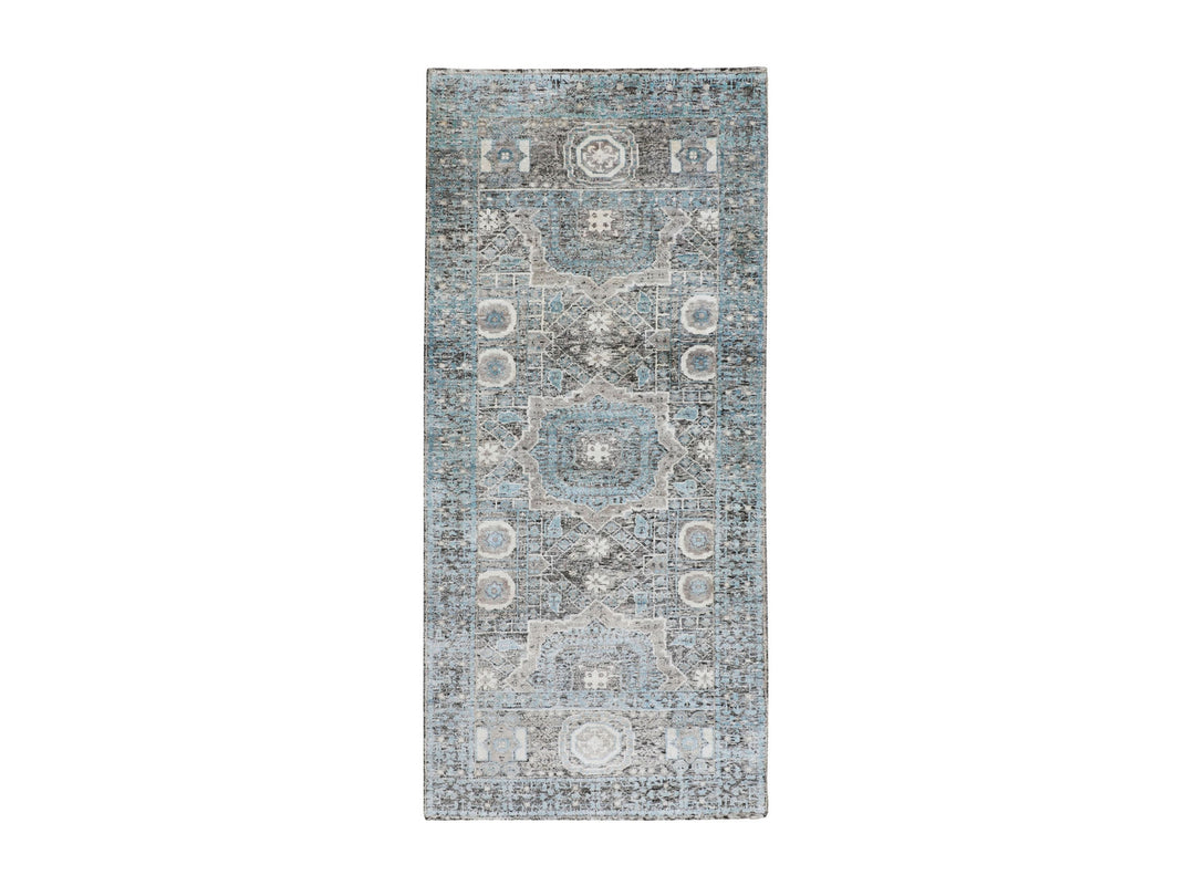 2'8" x 6'1" New Hand Knotted Blue Wool & Silk Runner Oriental Rug - MOA10258181