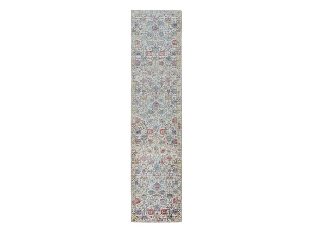 2'7" x 12'0" New Hand Knotted Ivory Wool & Silk Runner Oriental Rug - MOA10258189